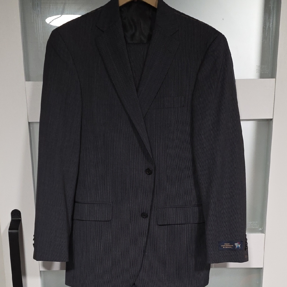 Hart Schaffner Marx Charcoal Pinstripe Two-Button Suit Jacket